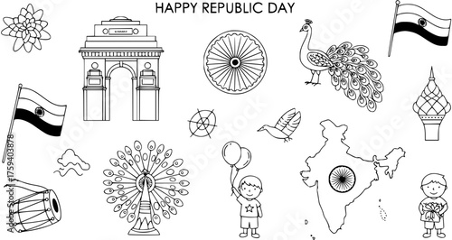 Happy Republic Day Coloring Page with Indian National Symbols, Landmarks, and Children Celebrating