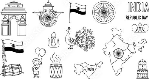 Indian Republic Day Doodles: National Symbols, Landmarks  Celebrations Line Art Collection for Coloring Book and Cultural Education