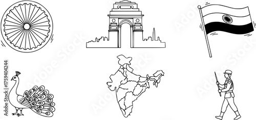Line Art Icons of India: National Flag, Ashoka Chakra, India Gate, Map, Peacock  Soldier Illustrations. Doodle-style collection of Indian symbols.