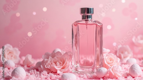 Elegant Pink Perfume Bottle with Delicate Roses and Sparkling Bokeh.