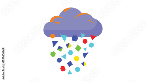 Flat vector of a raincloud raining down colorful geometric shapes instead of water.