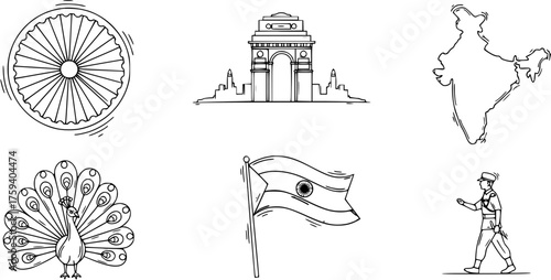 Line Art Collection of Indian National Symbols: Ashoka Chakra, India Gate, Map, Peacock, Flag, and Soldier Illustration Set