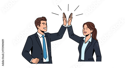 Illustration of a man and woman in business attire giving a high five, symbolizing teamwork and success