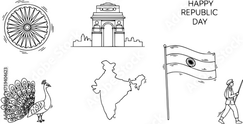 Happy Republic Day India doodle drawing featuring national symbols: Ashoka Chakra, India Gate, map of India, national flag, peacock, and a marching soldier in line art style.