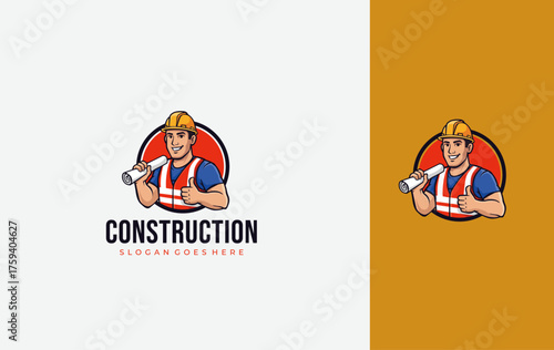 Construction Builder Cartoon Mascot Logo Design for  Company. Vector illustration, isolated design template