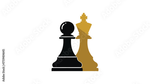 lat vector of a single chess pawn casting the shadow of a king , minimal black and gold tones on pure white background.