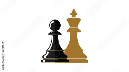 lat vector of a single chess pawn casting the shadow of a king , minimal black and gold tones on pure white background.
