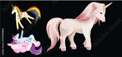Cute Watercolor Unicorn Illustrations – Pastel Fantasy Horses with Golden Horns and Colorful Manes