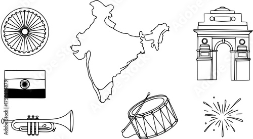 Line art collection of Indian national symbols and celebration items: Ashoka Chakra, map, flag, India Gate, trumpet, drum, and fireworks. Ideal for patriotic designs.
