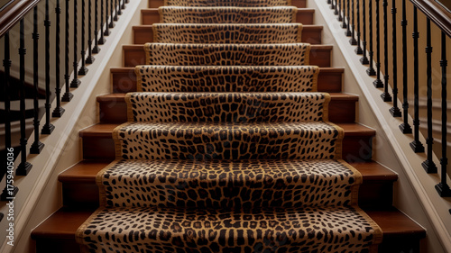 Luxurious Staircase with Leopard Print Carpet Runner and Ornate Black Railing stairs animal print