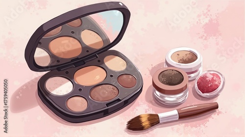 Makeup Palette and Brushes on Pink Background.