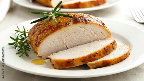 Roasted turkey breast slices on white plate with garnish for culinary display