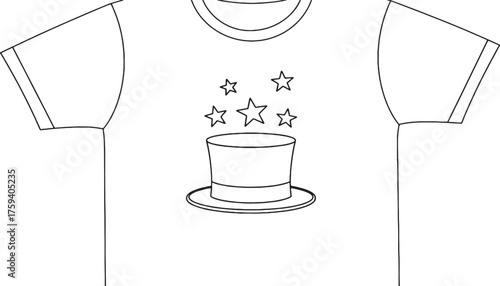 Magic Hat with Floating Stars on T-Shirt, Minimal Line Art Vector Illustration Design