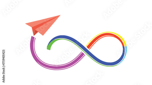 Flat vector of a single paper plane leaving a trail that forms a perfect infinity loop.