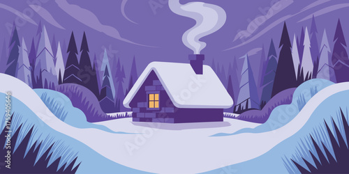 Cozy cabin nestled in a serene winter forest, perfect for holiday greetings and winter promotions, evoking warmth and peace, ideal for seasonal campaigns