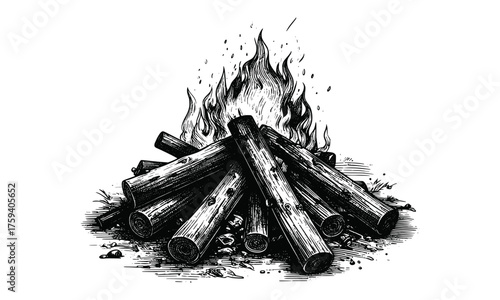 Campfire logs burning outdoors drawing showcases rustic firewood stacked neatly, flames rising for warmth, camping, or outdoor survival scenes.