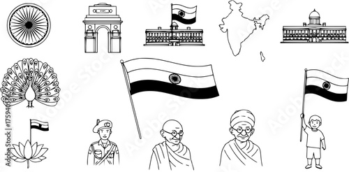 Collection of Indian National Symbols, Landmarks, and Patriotic Elements. Black and White Line Art for India's Independence Day, Republic Day, and Cultural Themes.
