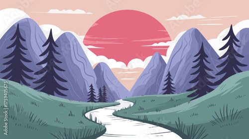 Serene mountain landscape with majestic peaks, lush greenery, and a tranquil river bathed in the warm glow of the setting sun, inspiring peace and adventure