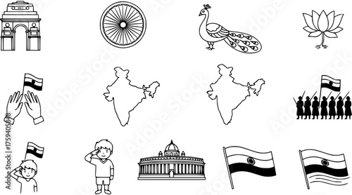 Outline vector clipart set of India's national symbols, landmarks, and patriotic themes for national holidays and culture