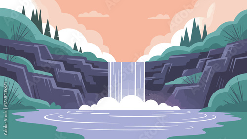 Serene waterfall cascading into tranquil lake surrounded by lush green hills and dramatic purple cliffs under a soft peach sky