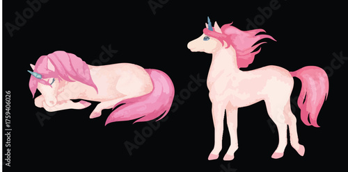 Cute Watercolor Unicorn Illustrations – Pastel Fantasy Horses with Golden Horns and Colorful Manes