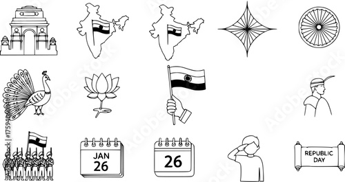 Indian Republic Day Line Art Icons: National Symbols, India Gate, Flag, Peacock, Lotus, Military Parade, January 26th Celebrations