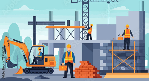 Busy construction site with workers excavator and crane building a new structure Industry labor