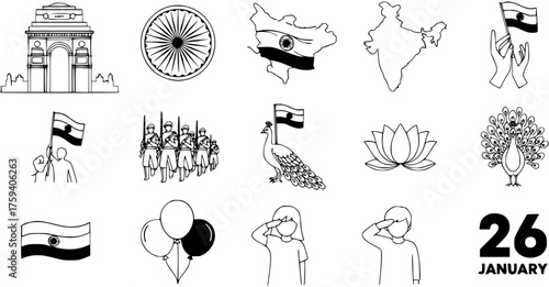Indian National Symbols and Republic Day Icons Set. Vector Outline Drawings: India Gate, Flag, Map, Ashoka Chakra, Peacock, Lotus, Soldiers, Saluting Children, 26 January Celebration.