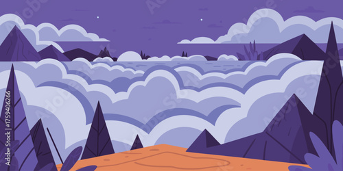 Dreamy purple mountain landscape with soft clouds floating over misty waters evokes serene wonder and peaceful escape.