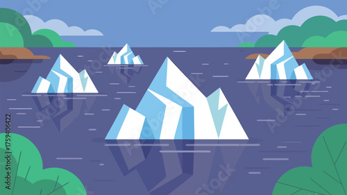 Majestic icebergs float serenely on deep blue water surrounded by lush green hills and a vast sky