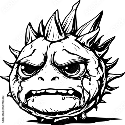 Crying Monster: A poignant black-and-white illustration of a melancholic monster. With tear-streaked cheeks and a downcast expression, it embodies raw sorrow and vulnerability.