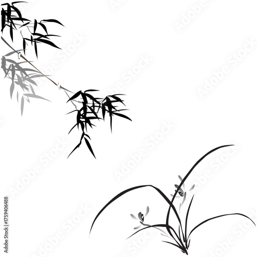 Elegant bamboo branch and orchid grass vector in japanese ink wash art style, peaceful oriental nature composition for background or decoration