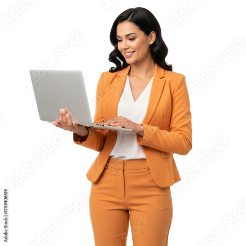Smiling Young business woman holding laptop isolated on white