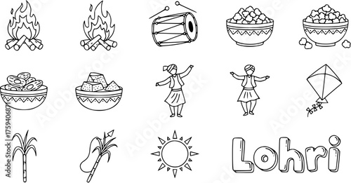 Lohri Festival Black and White Line Art Icon Set. Hand-drawn symbols of Indian harvest festival: bonfire, dhol, food, dancers, kite, sugarcane, sun, and Lohri text.