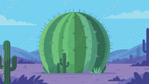 Enchanting desert scene with massive cactus and distant mountains, perfect for adding a touch of adventure and the wild west to your creative projects