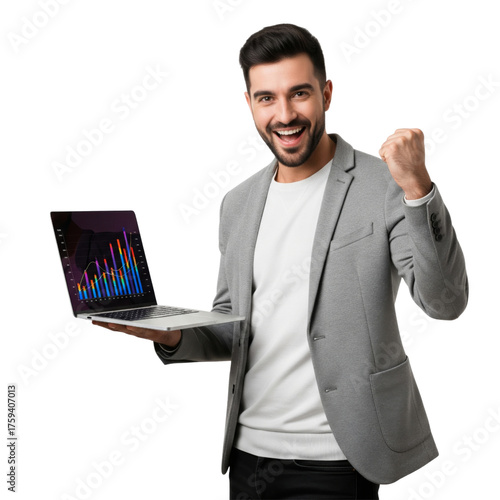 Happy Young business man holding laptop isolated on white