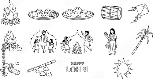 Lohri Festival Icons Set. Outline Vector Illustration of Traditional Punjabi Harvest Celebration Elements: Bonfire, Sweets, Dhol, Kite, Sugarcane, Peanuts, People Dancing.