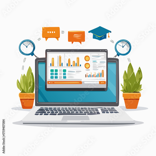Online Learning and Data Analysis Concept with Laptop, Plants, Clocks, Speech Bubbles, and a Graduation Cap