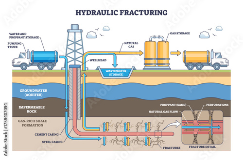 Hydraulic fracturing diagram shows shale gas extraction via horizontal well, proppant flow, and surface storage, key objects, drilling rig, wellhead, gas tanks. Outline diagram