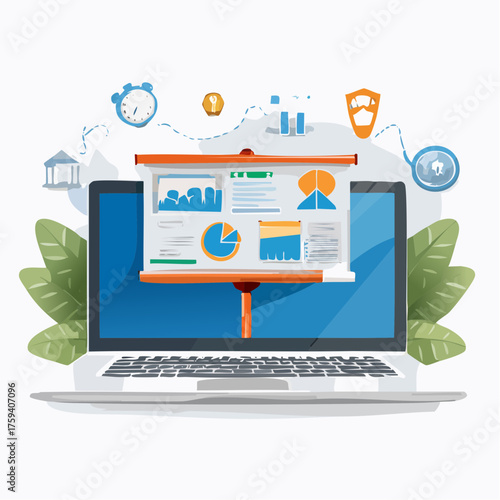 Automated business insights presentation on laptop, illuminating financial data and strategic growth. Secure digital reporting for agile decision-making