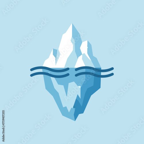 Iceberg floating in water against a light blue background simple illustration.