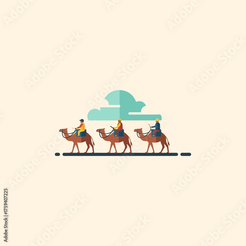 Three camels with riders traverse a desert landscape under a cloud.