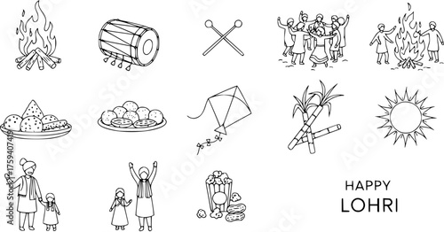 Lohri festival celebration icons set. Traditional Indian harvest holiday symbols: bonfire, dhol, dancing people, sugarcane, kite, snacks, sun. Happy Lohri greeting.