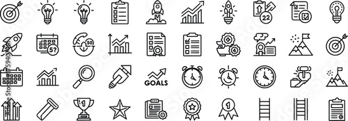 Collection of business growth and success icons representing goals achievements and development in a clean outline style