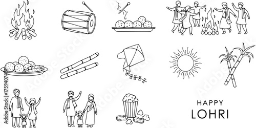 Lohri festival celebration vector illustration set with bonfire, dhol, traditional sweets, dancing people, sun, sugarcane, popcorn, peanuts, kites, and families.
