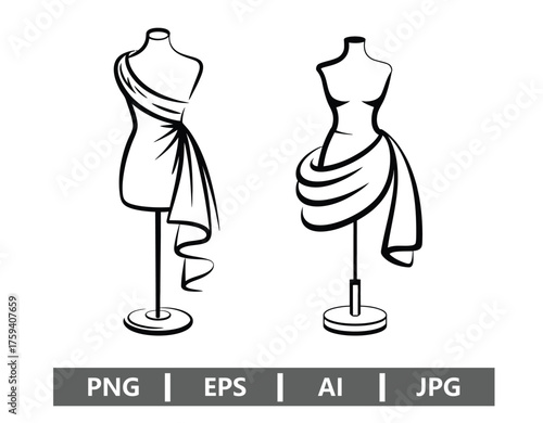 Vector art of two elegant mannequin with draped fabric, fashion design concept