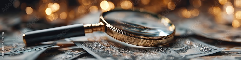 Obraz premium Magnifying glass on US dollar bills: financial investigation, audit, and golden bokeh