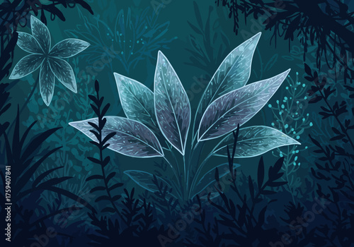 Enchanting blue and teal jungle foliage with glowing flowers