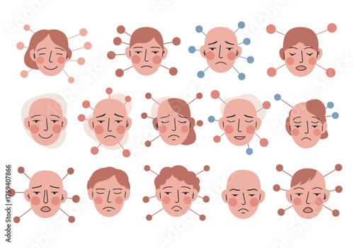 Abstract faces depicting interconnected mental states and emotions