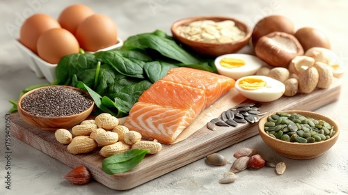 Selenium-rich foods: salmon, eggs, mushrooms, spinach, and seeds on a wooden board